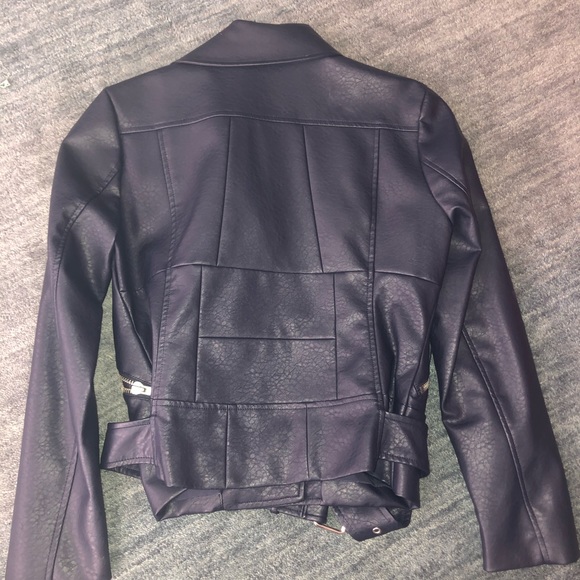 Navy Blue Leather Moto Jacket - Picture 3 of 6